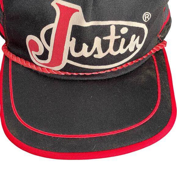 Vintage Justin Boots 3 Stripe Snapback Hat Trucker Mesh Large Black Red No Foam - Picture 8 of 11